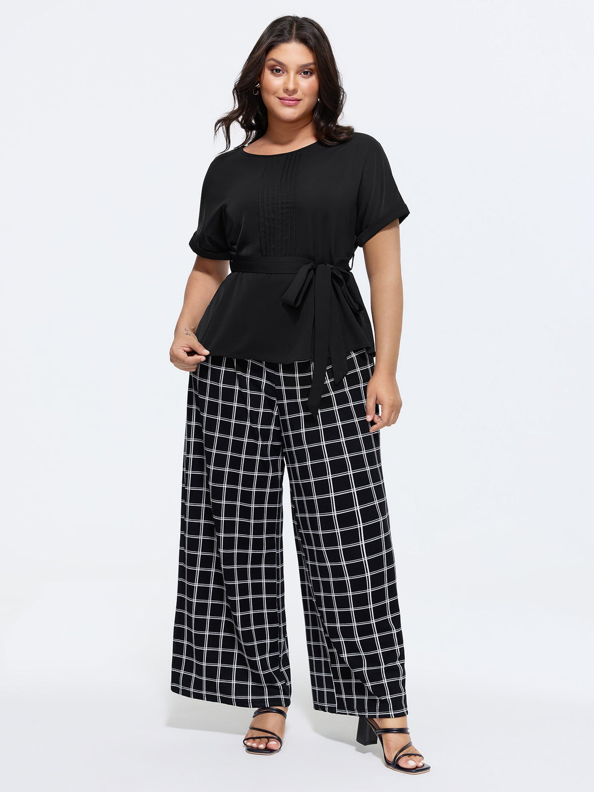 Toothpick Pleated Waist-Tie Plain Blouse