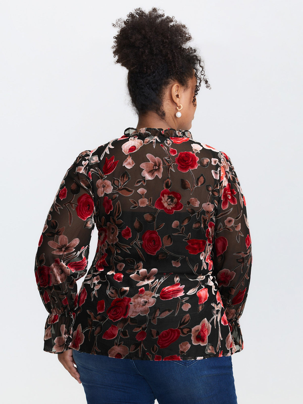 Flock Floral Ruffled Cuff Blouse