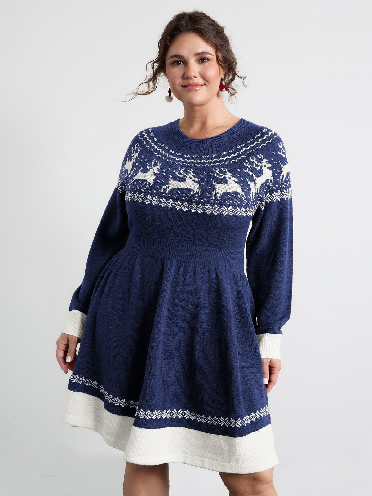 Reindeer Print Cinched-Waist Sweater Mini Dress