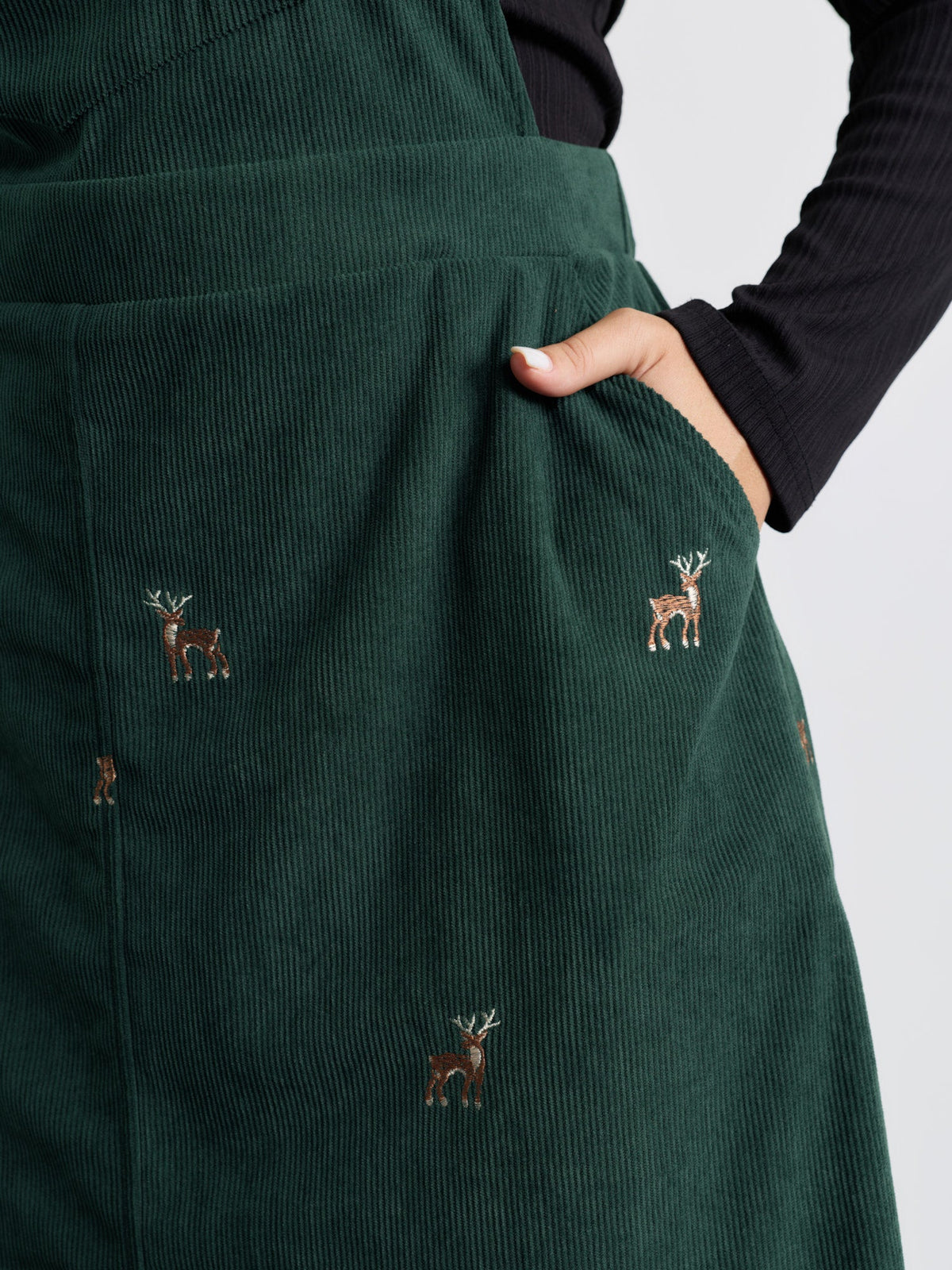 Corduroy Embroidered Adjustable Straps Knee Dress