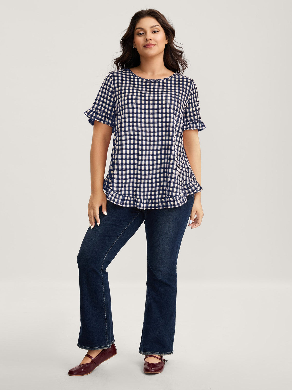 Gingham Print Button Back Blouse