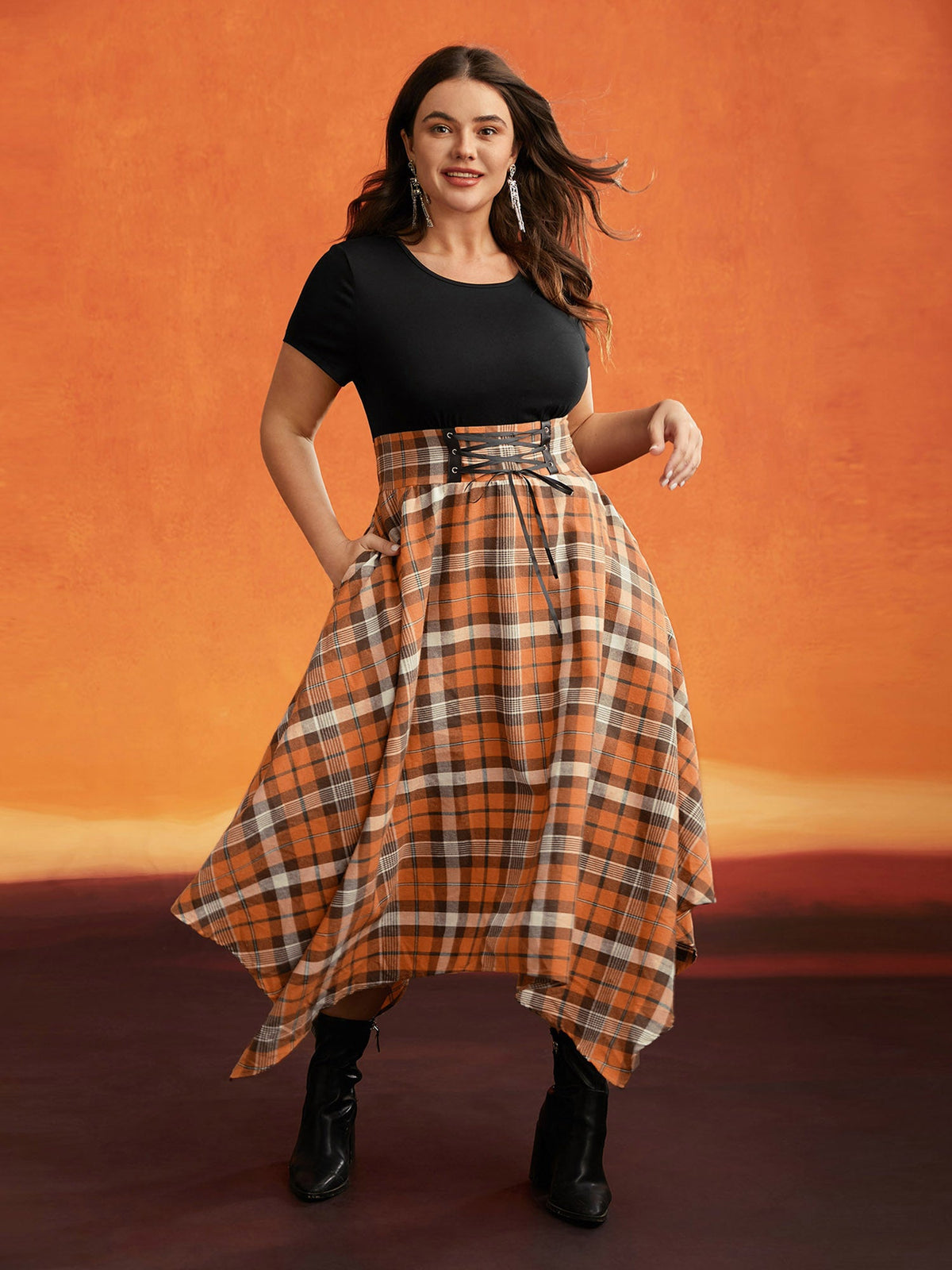 Elastic Plaid Asymmetrical Hem Dress
