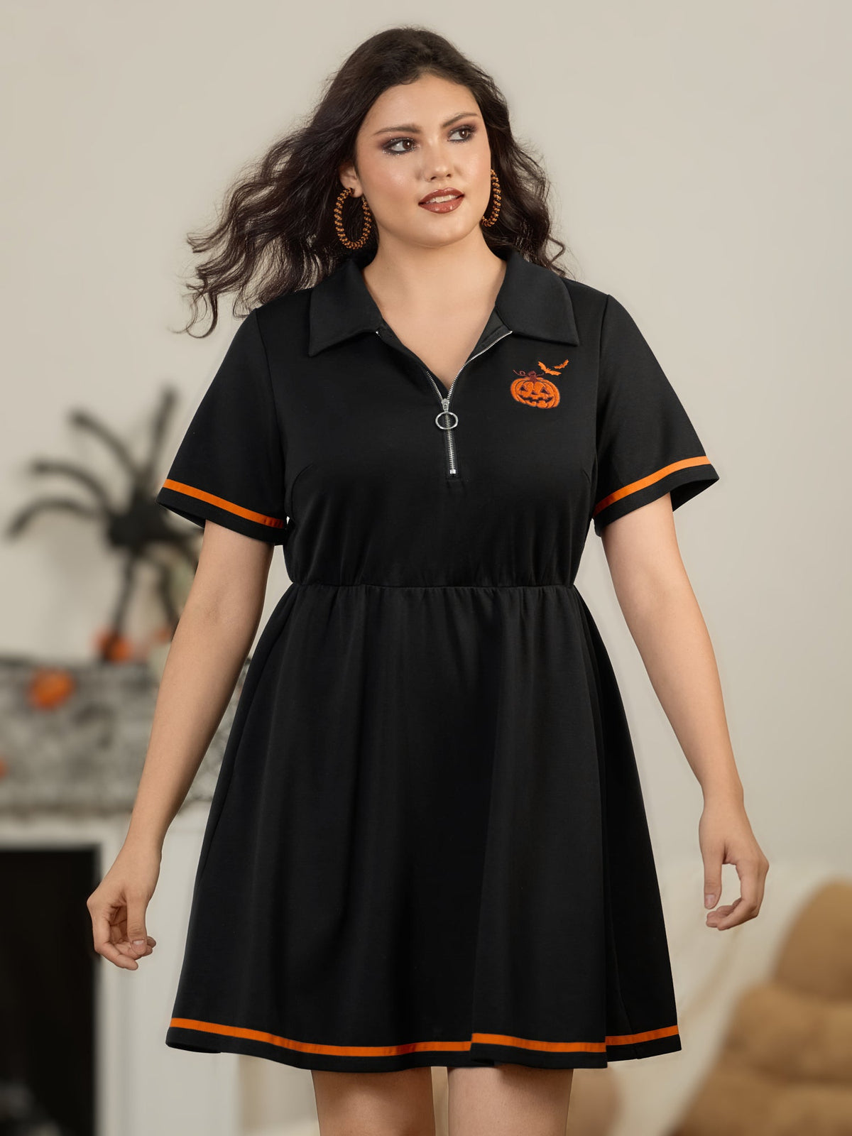 Pumpkin Embroidery Contrast Trim Half Zip Mini Dress