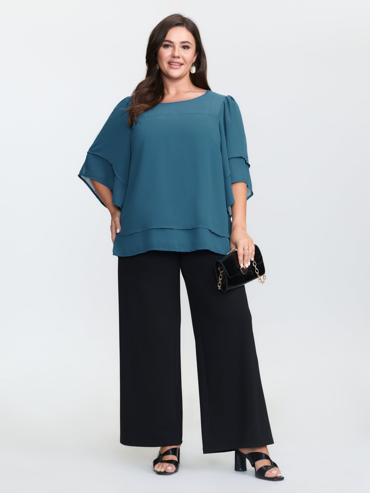 Chiffon Layered Ruffled Sleeve Flowy Blouse