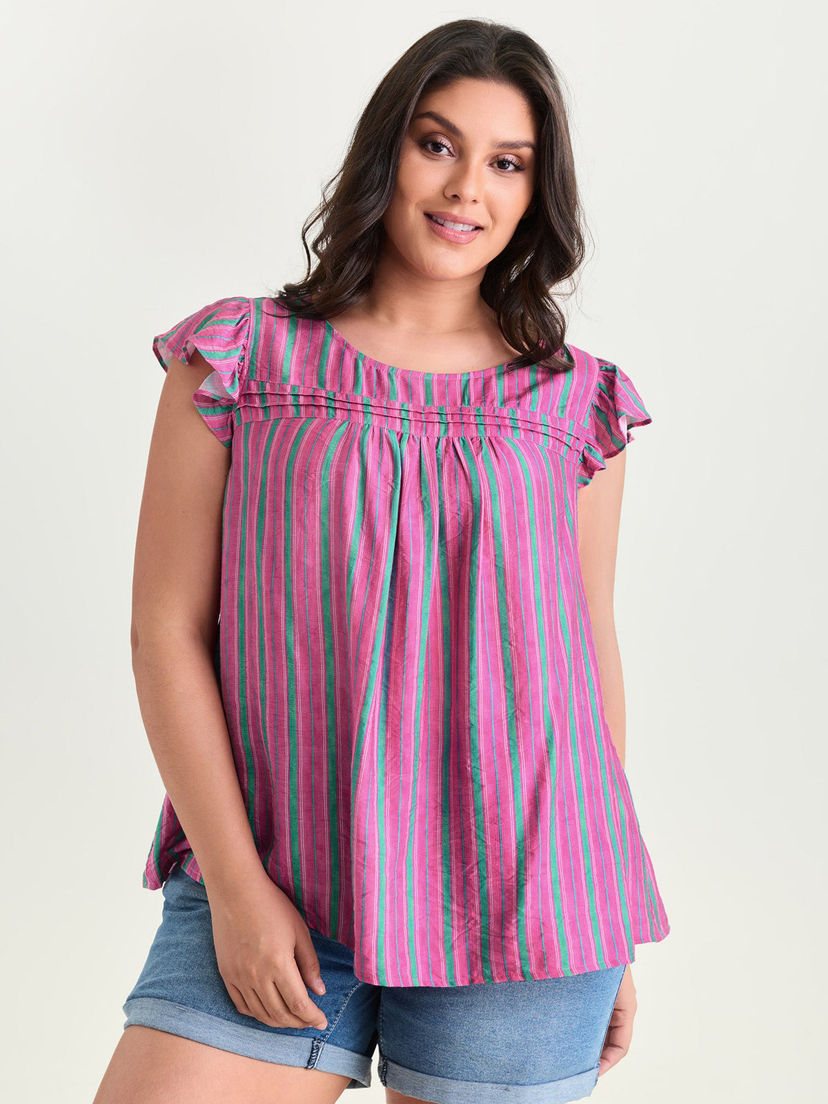 Colorful Striped Print Flutter Sleeve Blouse