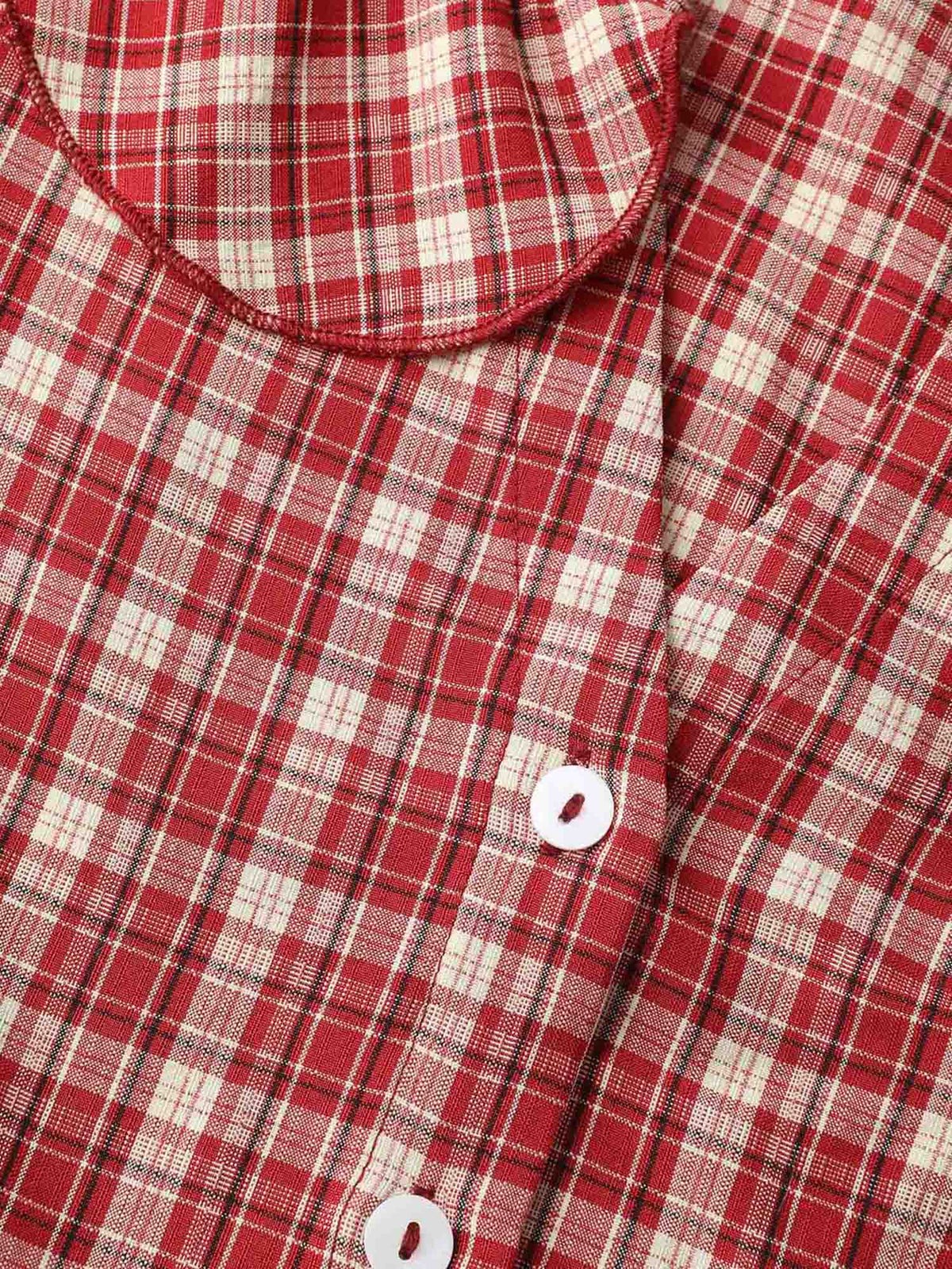 Gingham Print Ruffled Neck Button Blouse