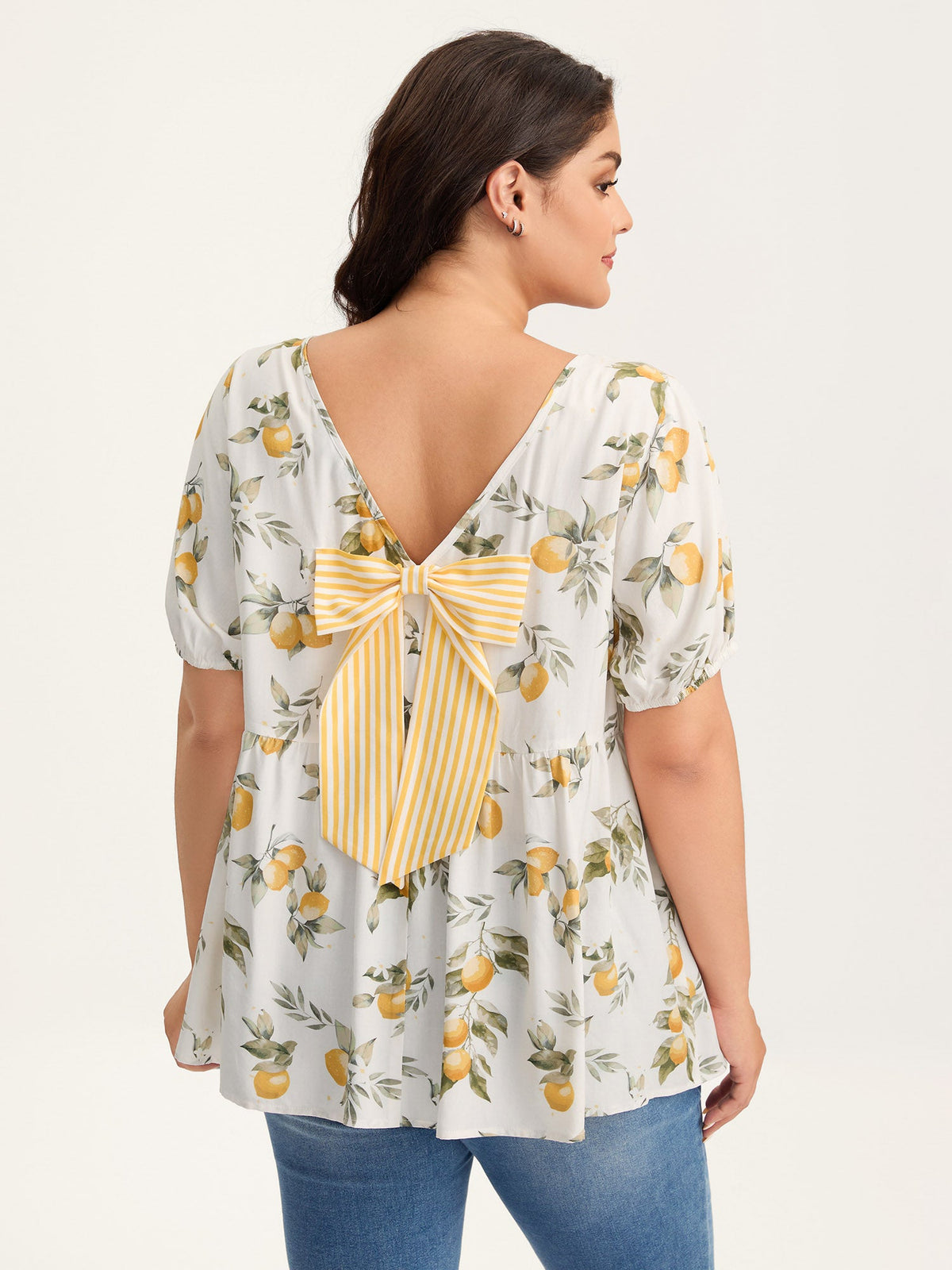 Citrus Print Bow Backless Blouse