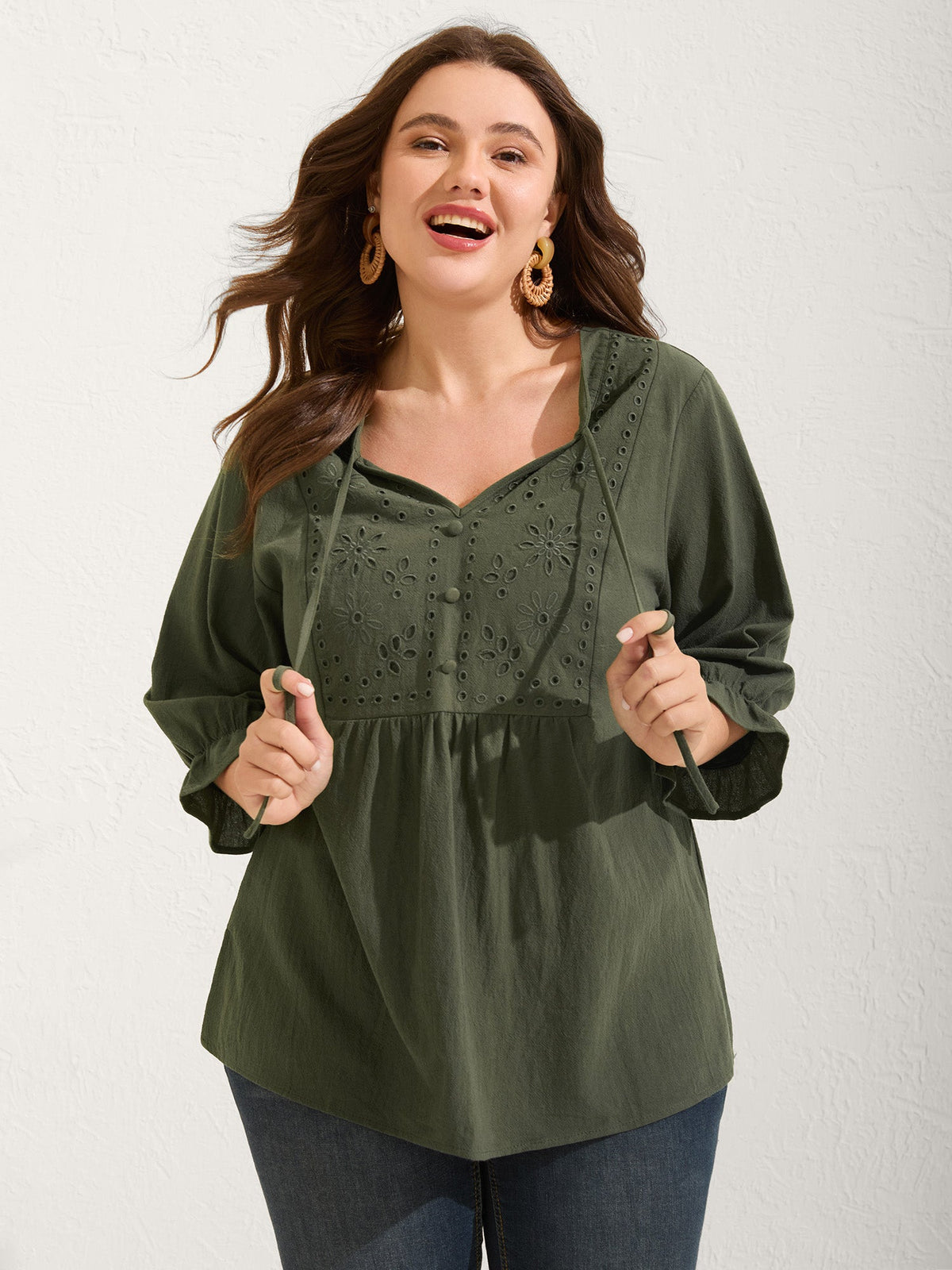 Broderie Anglaise Tie Knot Lantern Sleeve Blouse