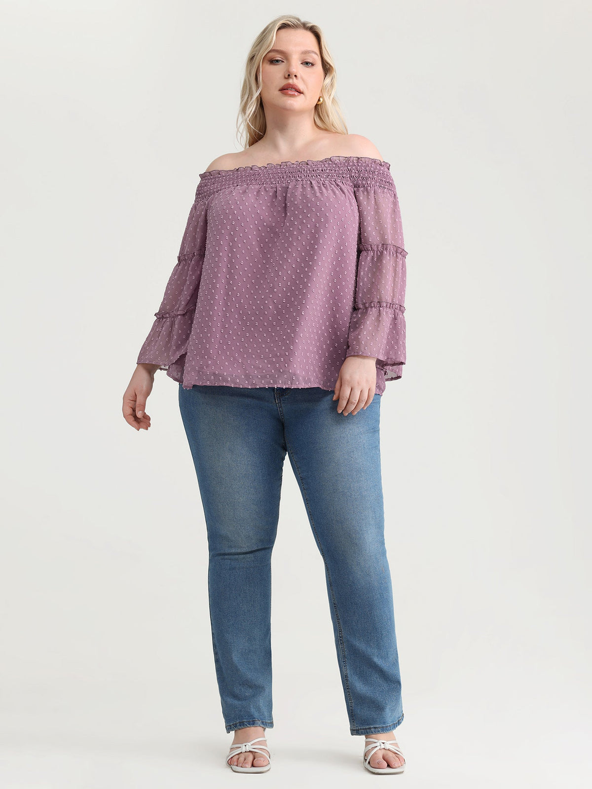 Off-Shoulder Shirred Flared Sleeve Blouse