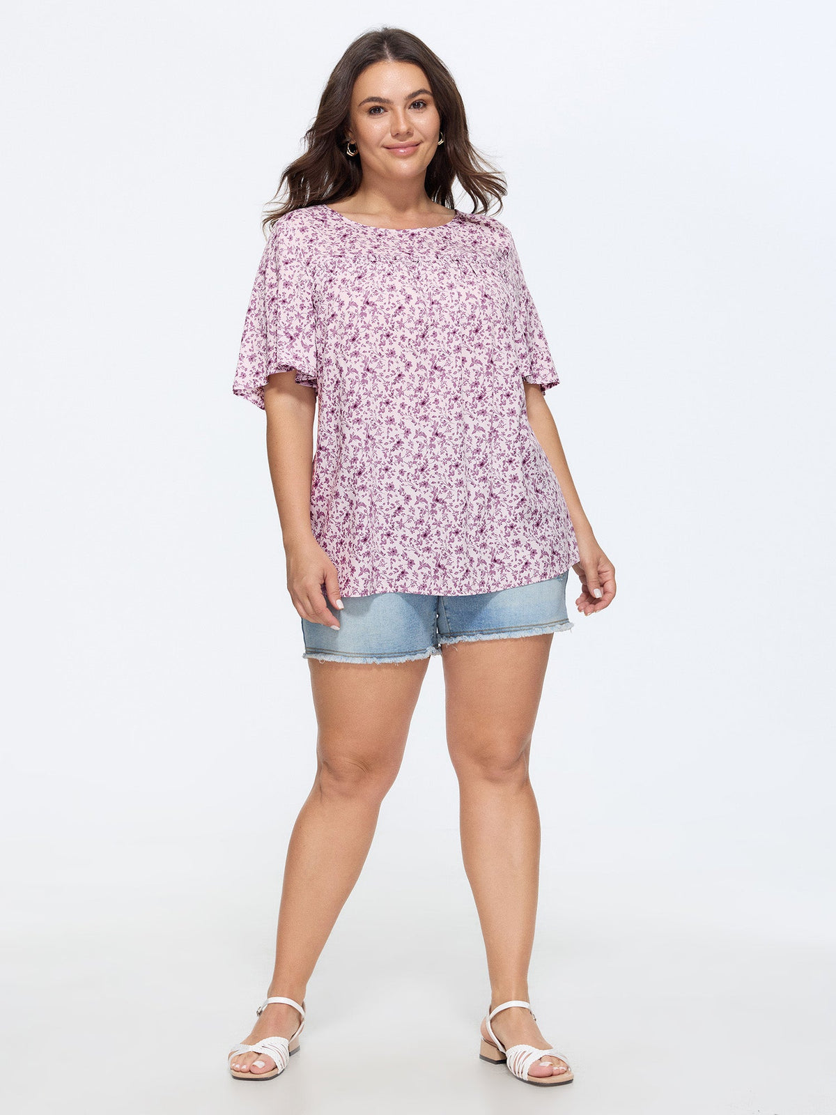 Floral Ruffle Sleeve Gathered Round Neck Blouse