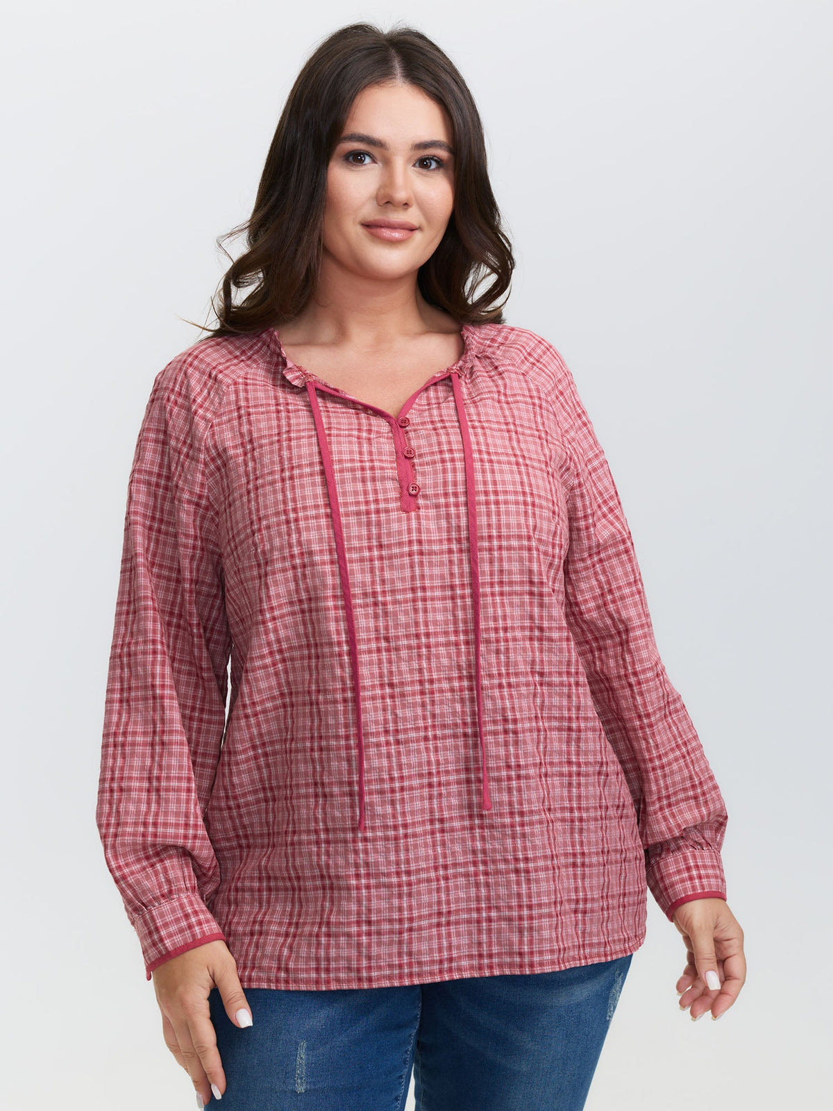 Gingham Print Ruffled Neck-Tie Blouse