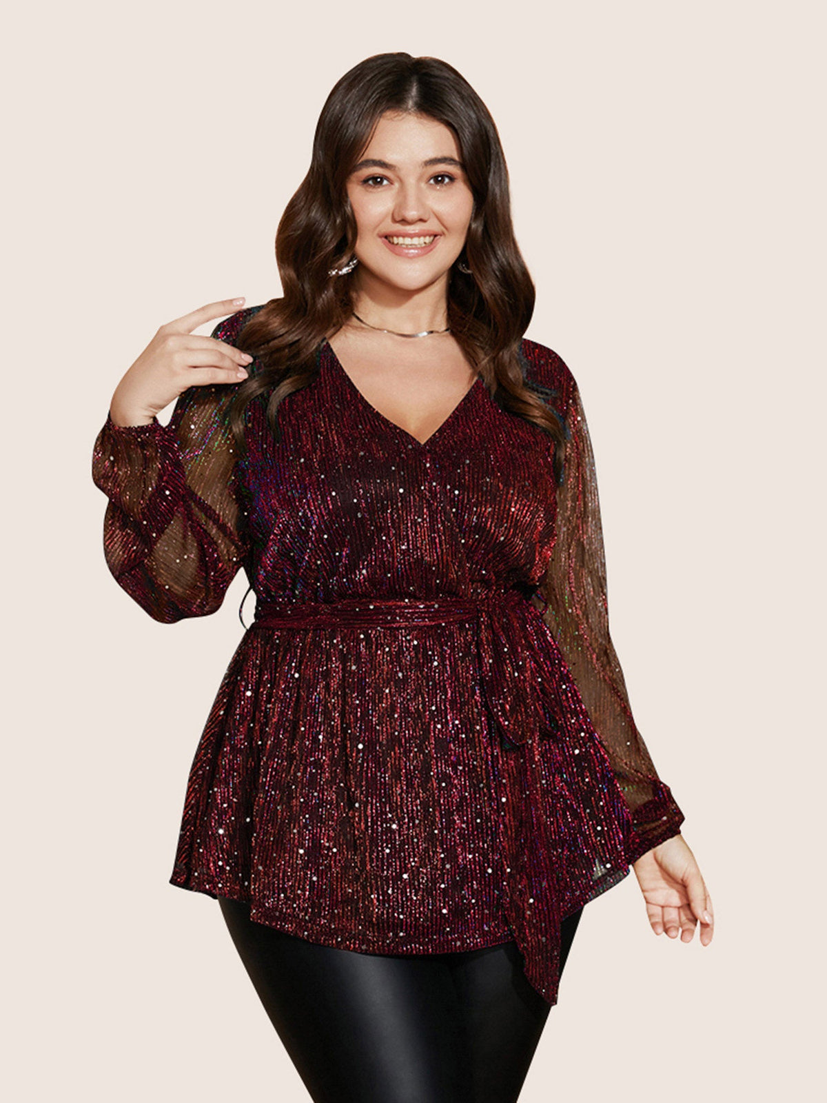 Sequin Mesh Lantern Sleeve Wrap Belted Striped Blouse