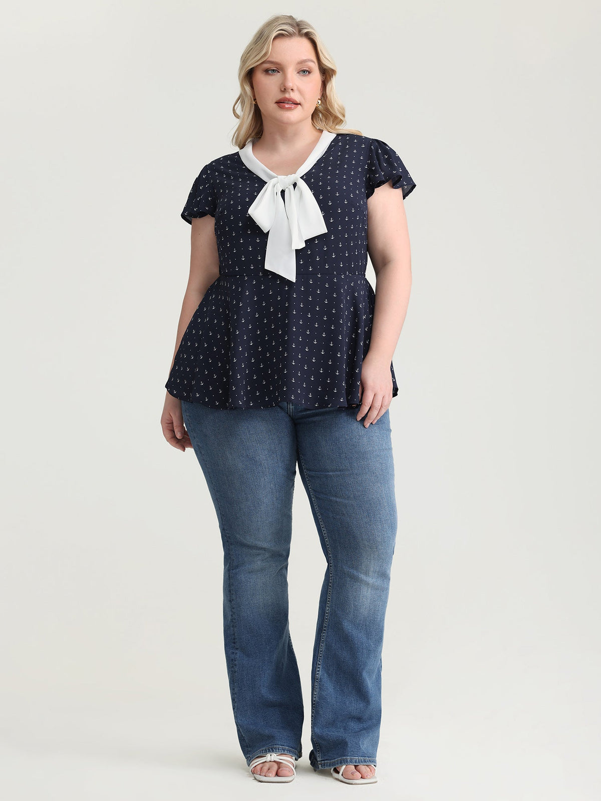 Color Contrast Ribbon Neckline Blouse
