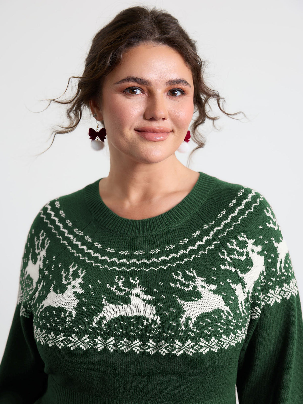 Reindeer Print Cinched-Waist Sweater Mini Dress