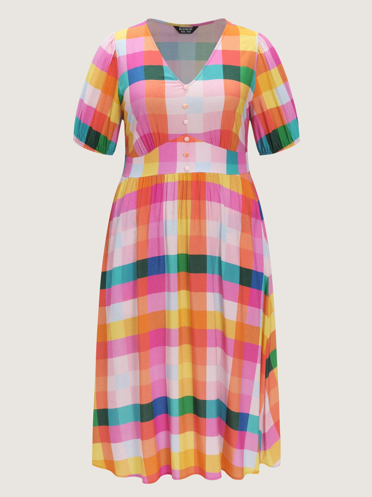 Colorblock Plaid Print Shirred Waist Front Button Midi Dress