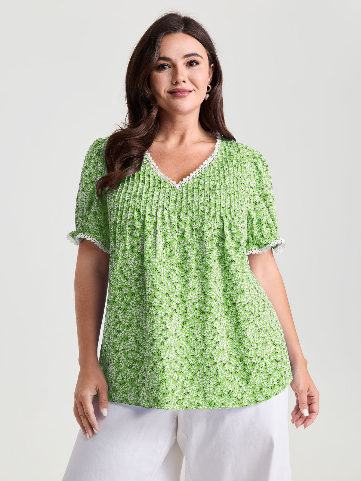 Micro Floral Print Lace Trim Blouse