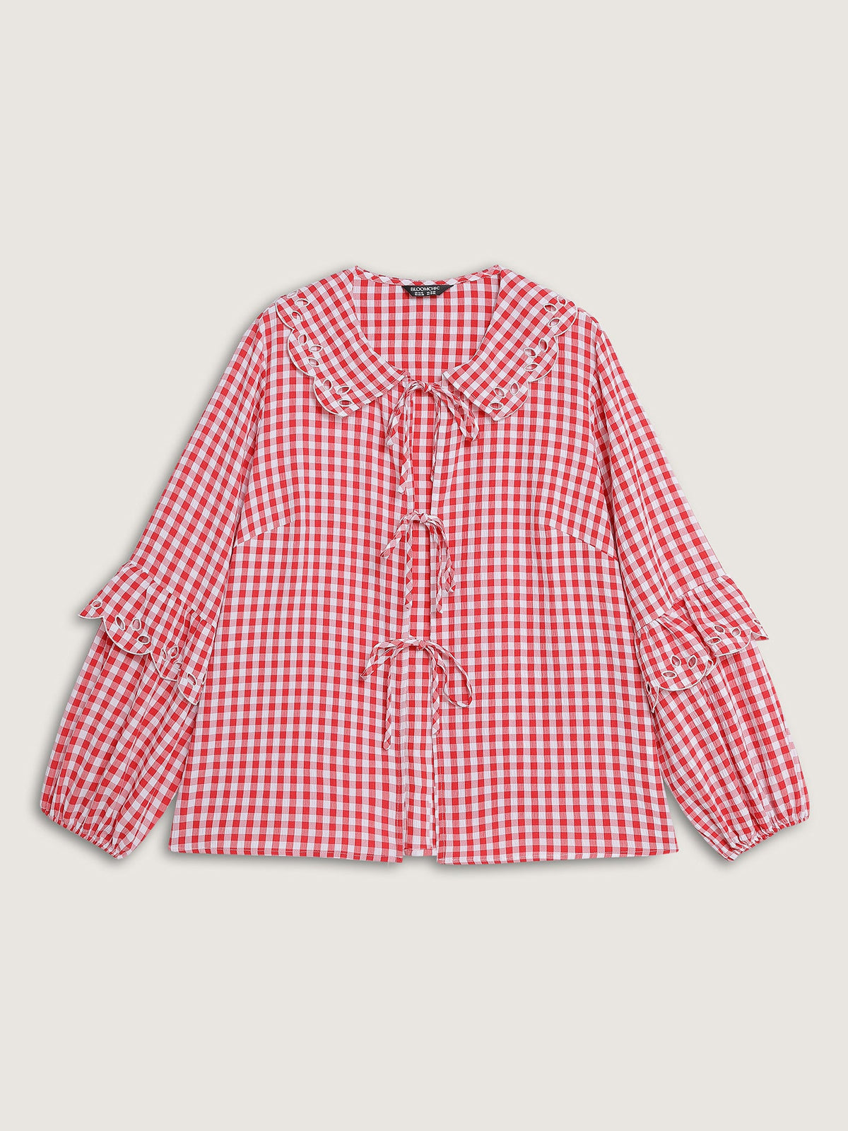 Gingham Embroidered Bow Tie Open-Front Shirt
