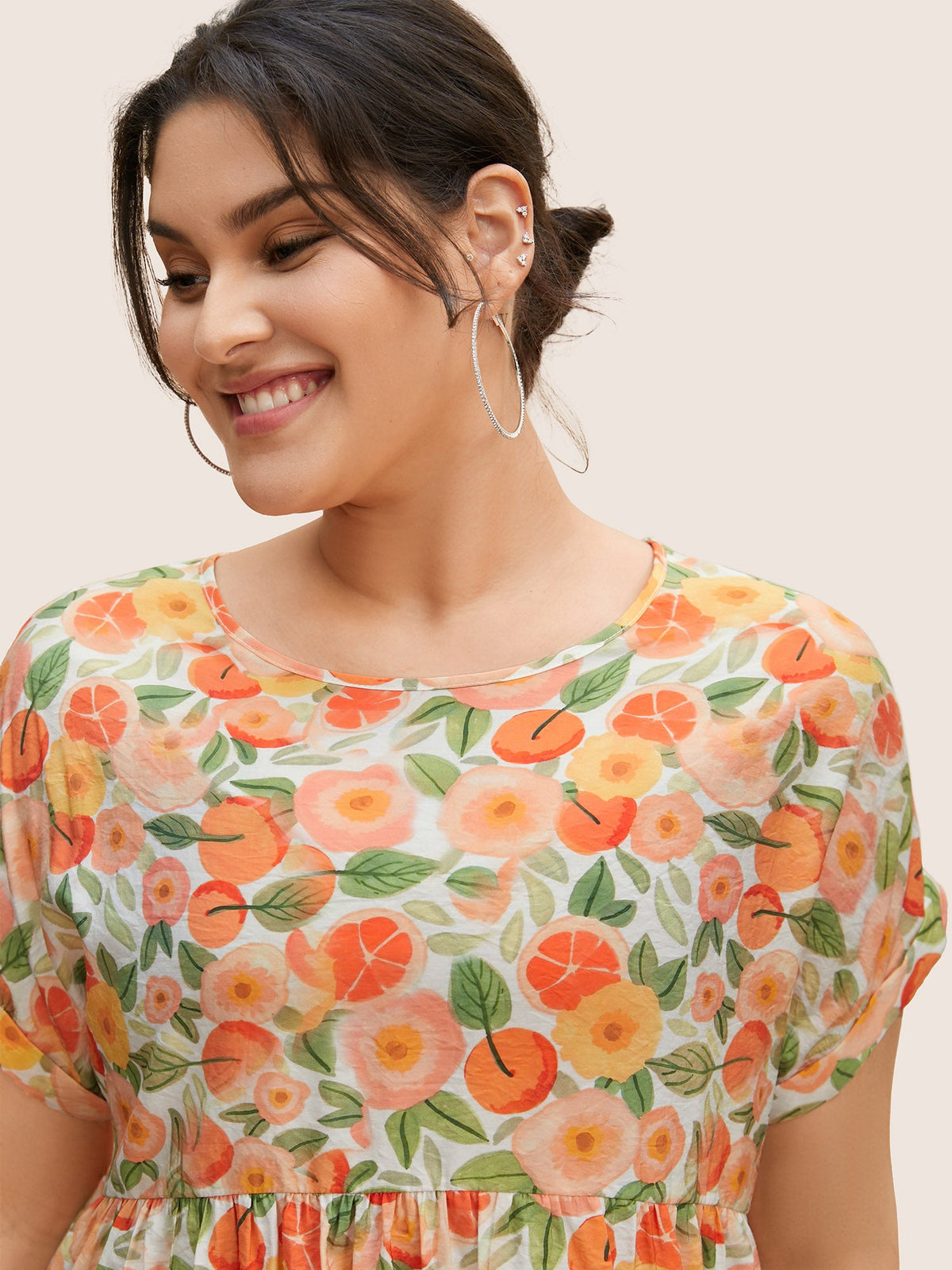 Fruit Print Curved Hem Batwing Sleeve Blouse