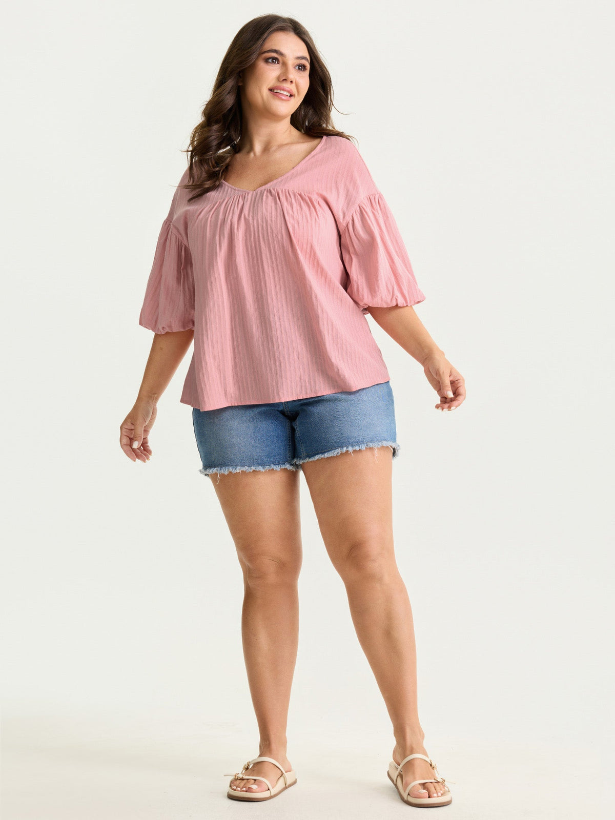 Cotton Striped V-Neck Bubble Sleeve Blouse
