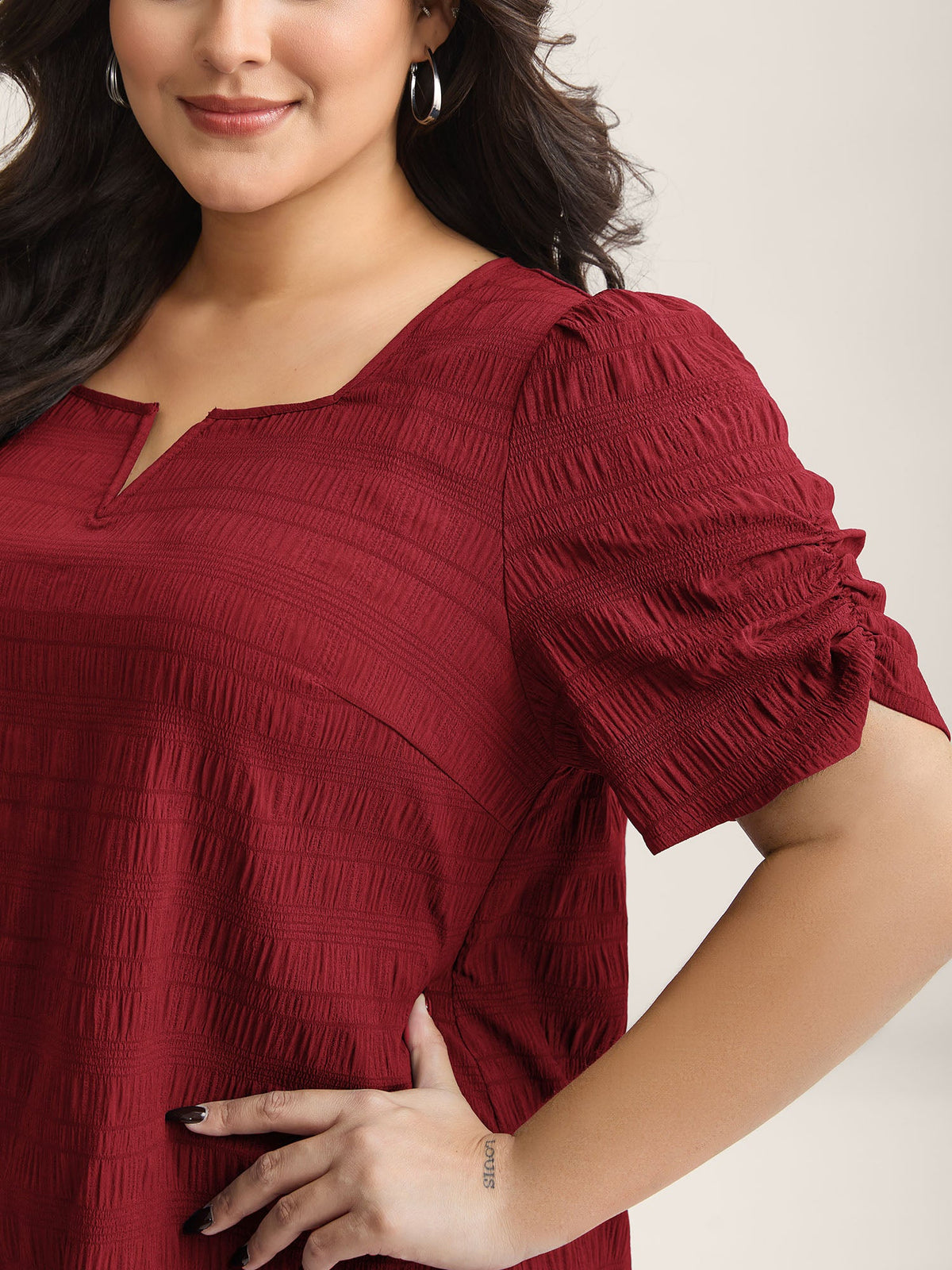 Textured Gathered Sleeve Split Neck Blouse