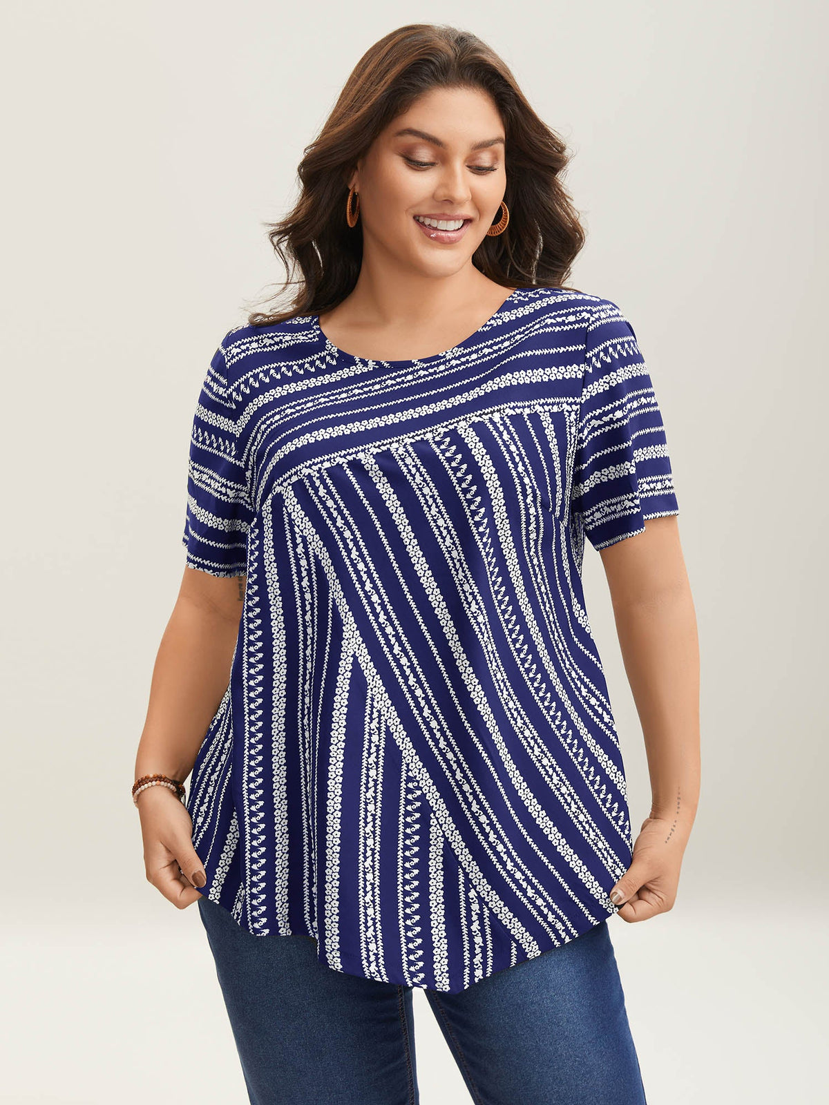 Striped Overlap Print Curvy Hem Blouse