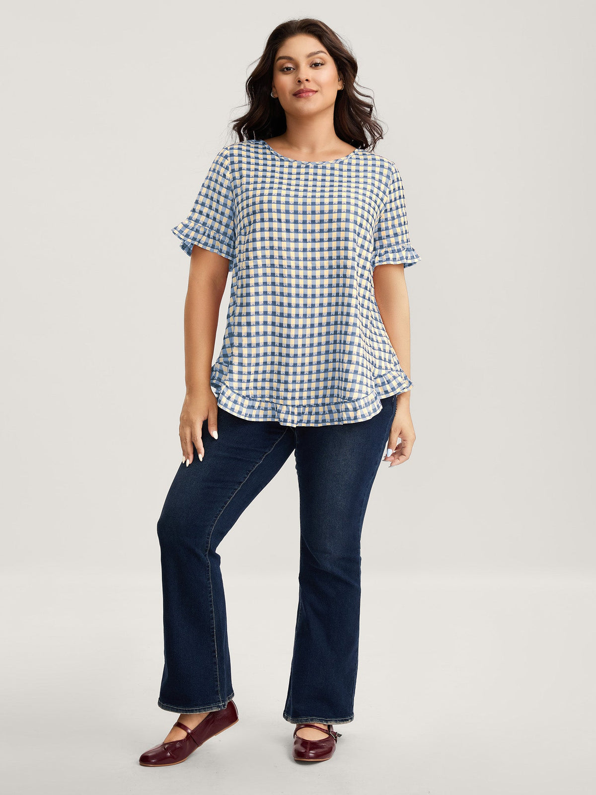 Gingham Print Button Back Blouse