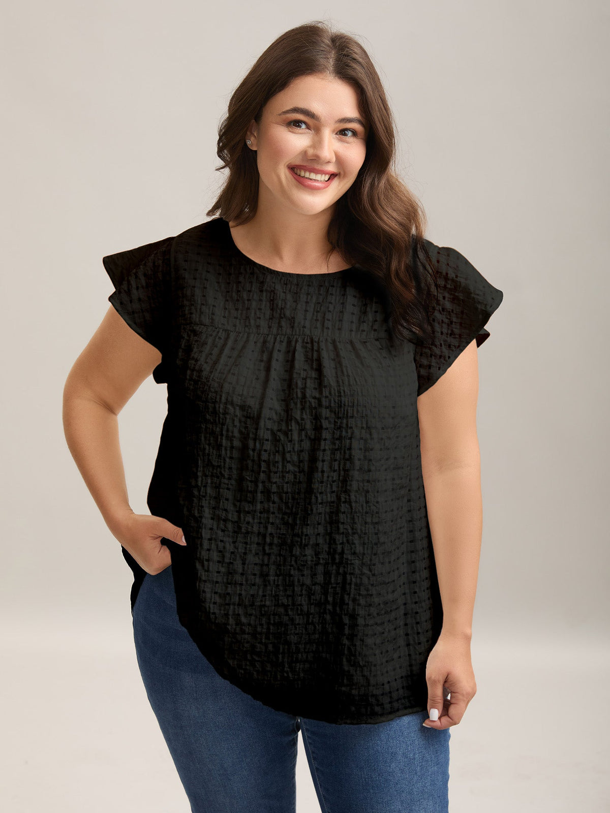 Textured Sheer Lined Flutter Sleeve Blouse
