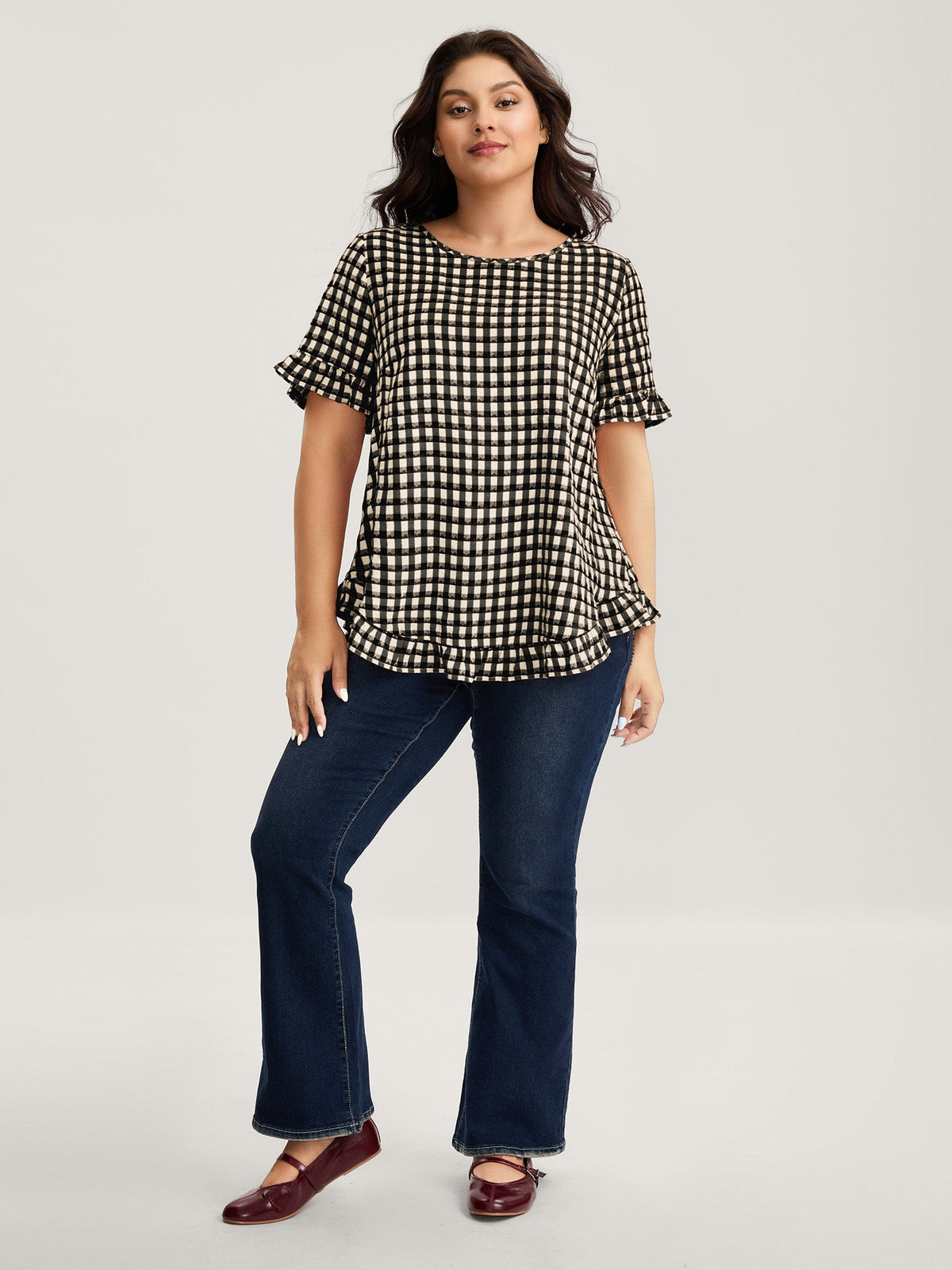 Gingham Print Button Back Blouse