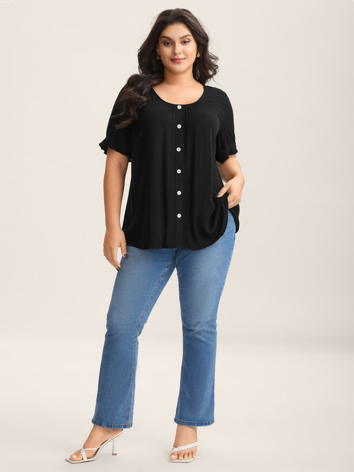 Textured Button Detail Pleated Solid Top