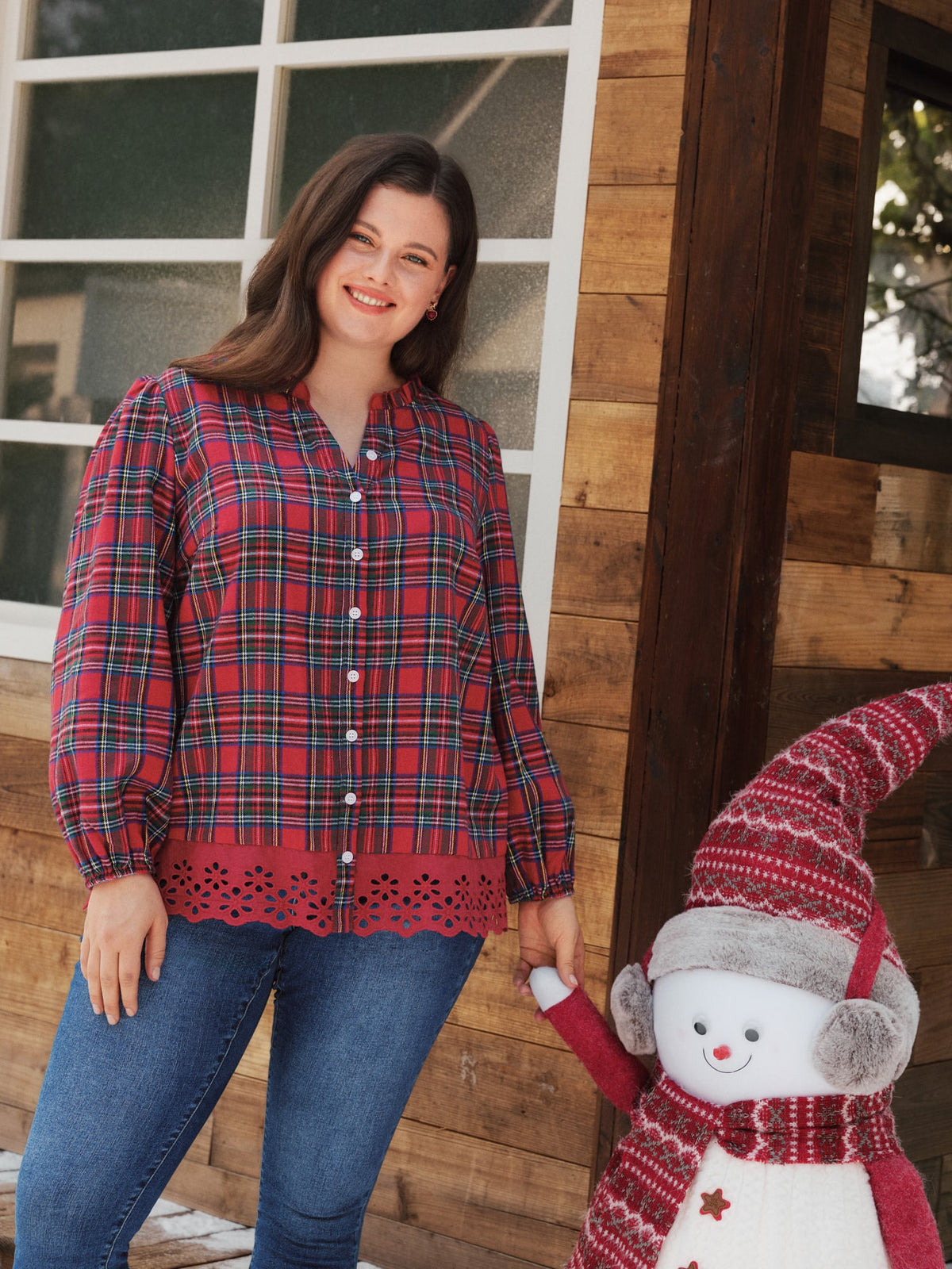 Plaid Ruffle Neck Eyelet Hem Blouse
