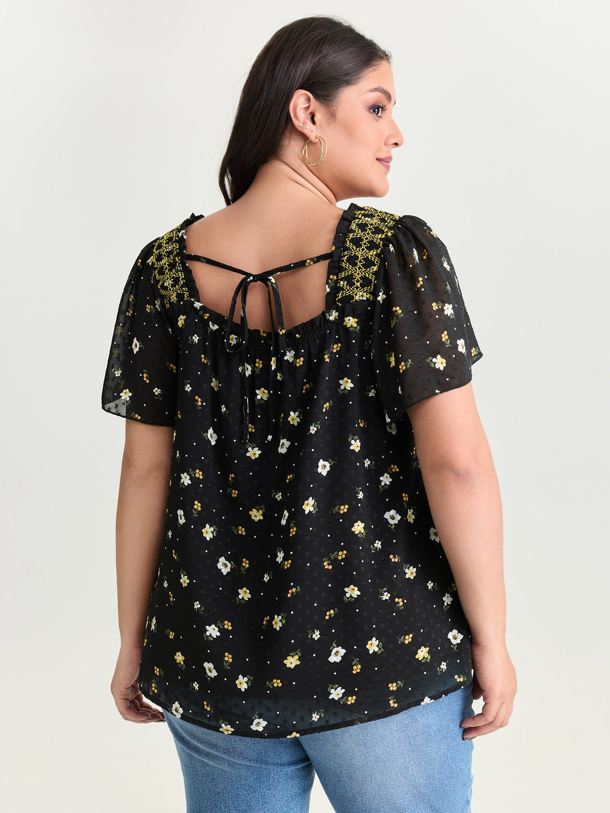 Laser Cut Floral Print Square Neckline Blouse