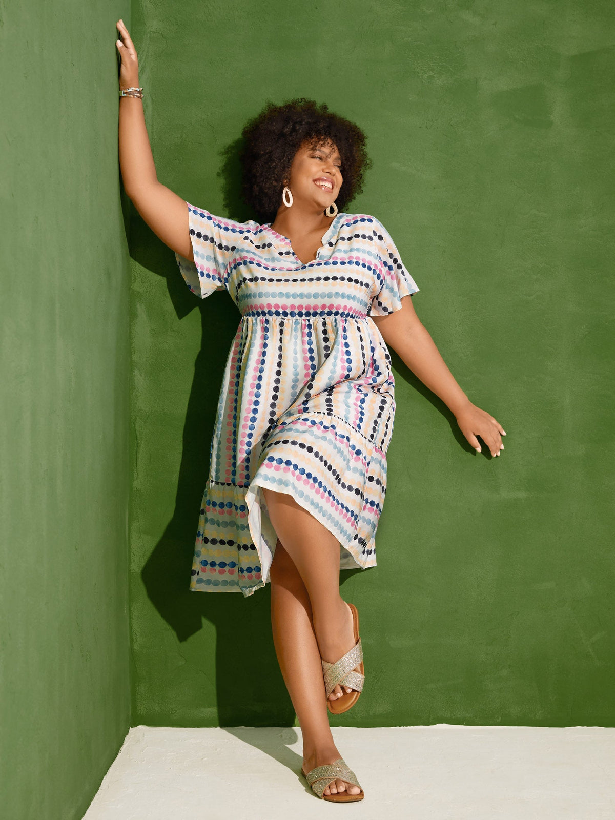 Dot Print Elastic Waist Split Neck Mini Dress