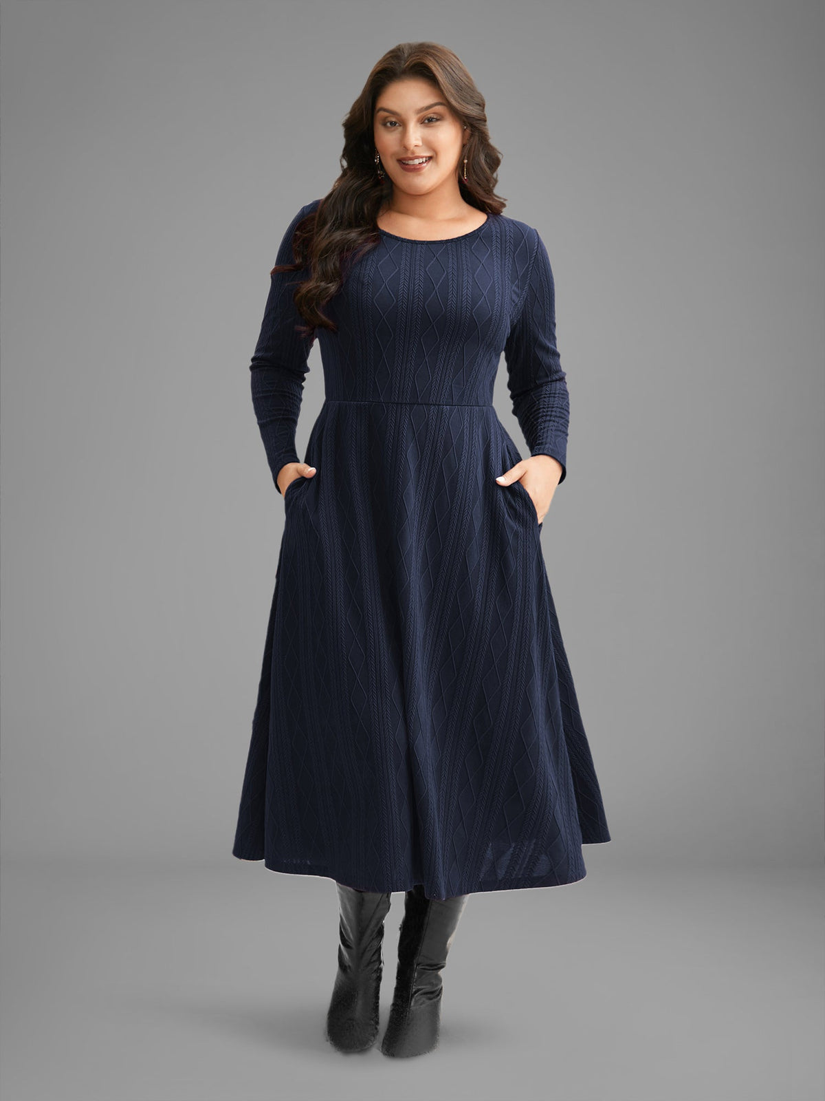 Textured Knit Fit-And-Flare Midi Dress