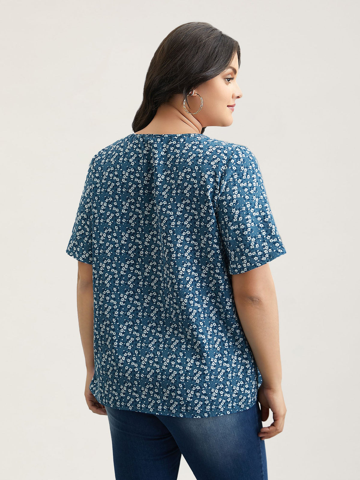 Floral Ruffle Sleeve Gathered Round Neck Blouse