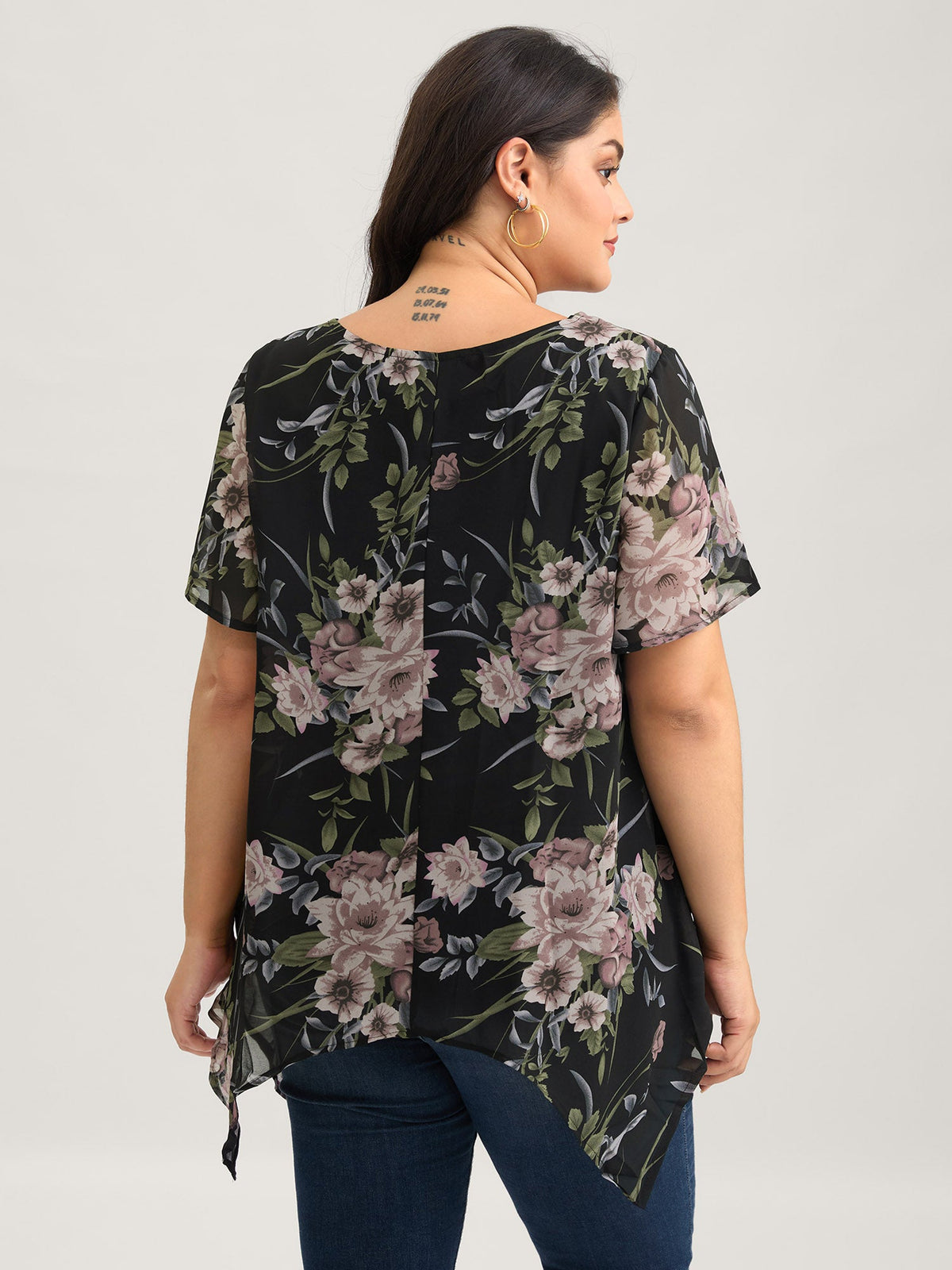 Chiffon Floral Crisscross Hanky Hem Blouse