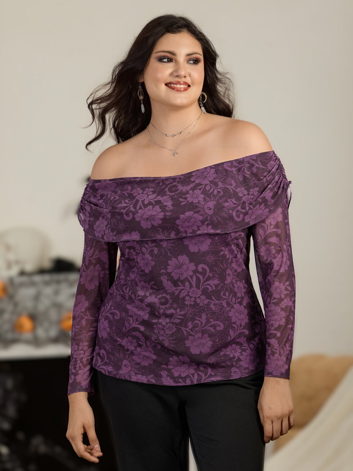 Stretch Floral Print Mesh Off Shoulder Blouse
