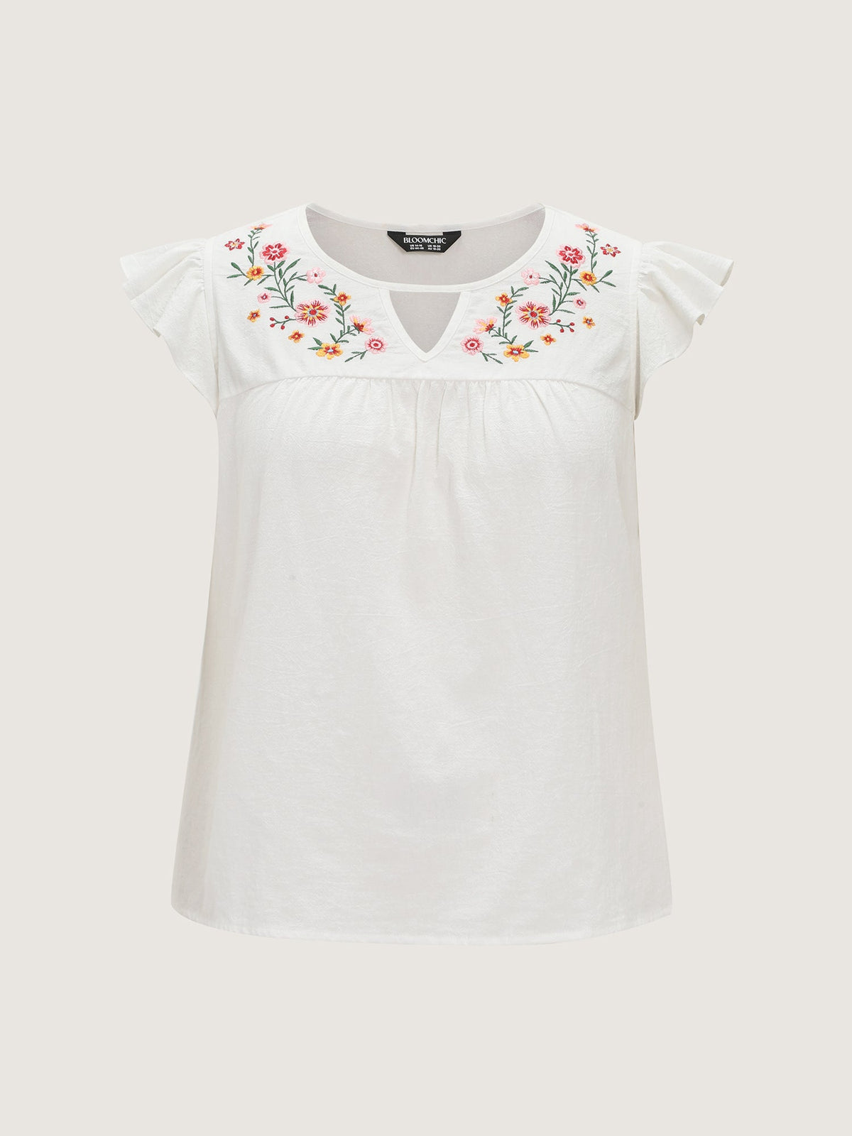 Cotton Floral Embroidered Flutter Sleeve Plain Blouse