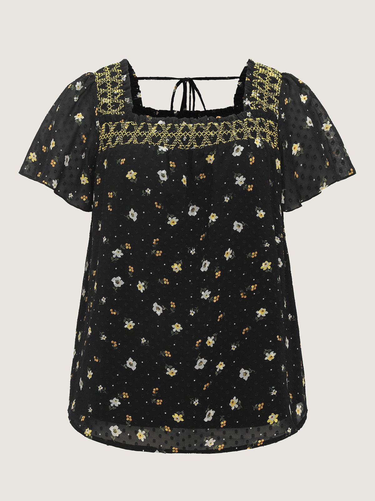 Laser Cut Floral Print Square Neckline Blouse