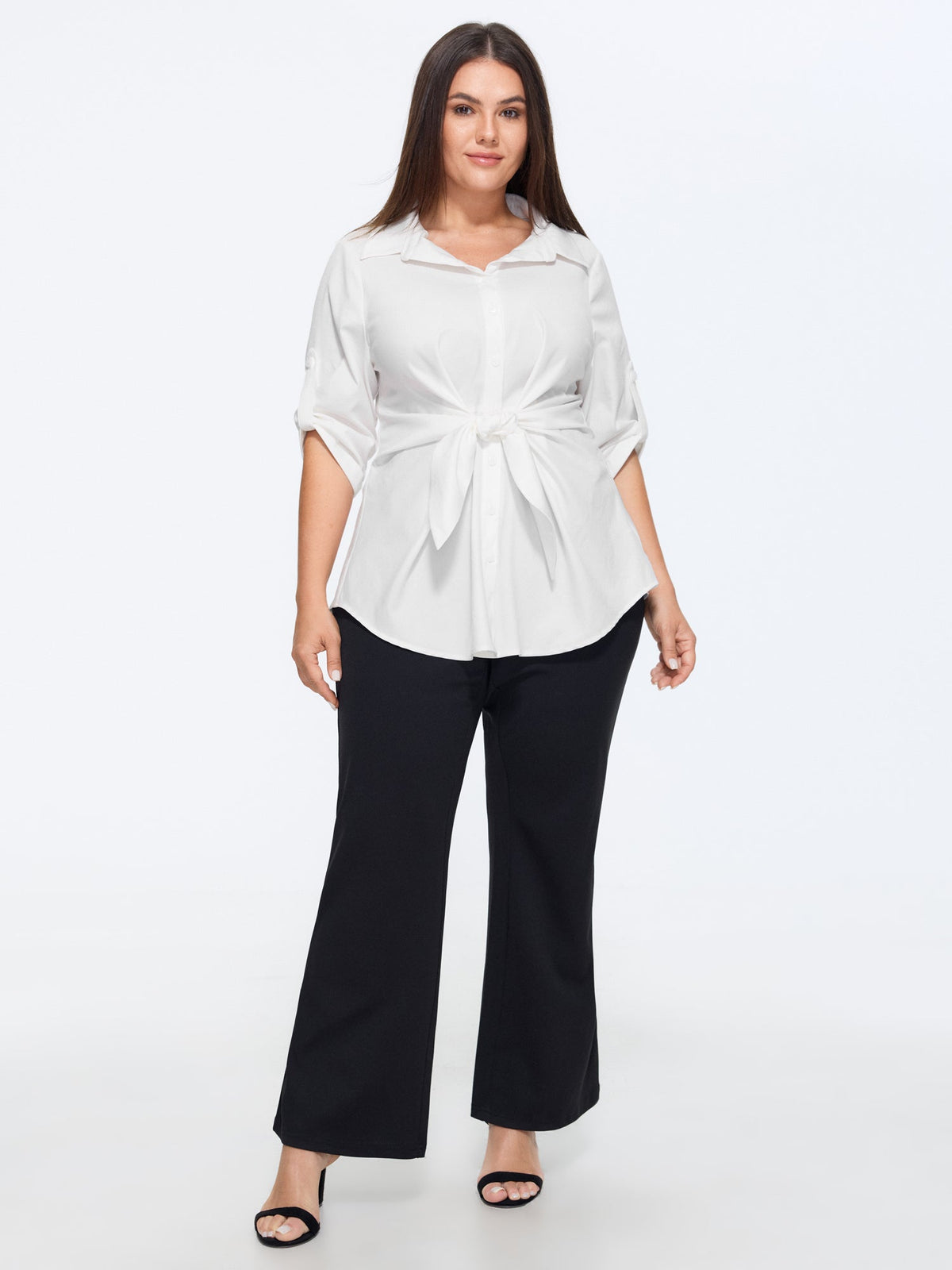Solid Lapel Collar Knotted Front Waist Shirt