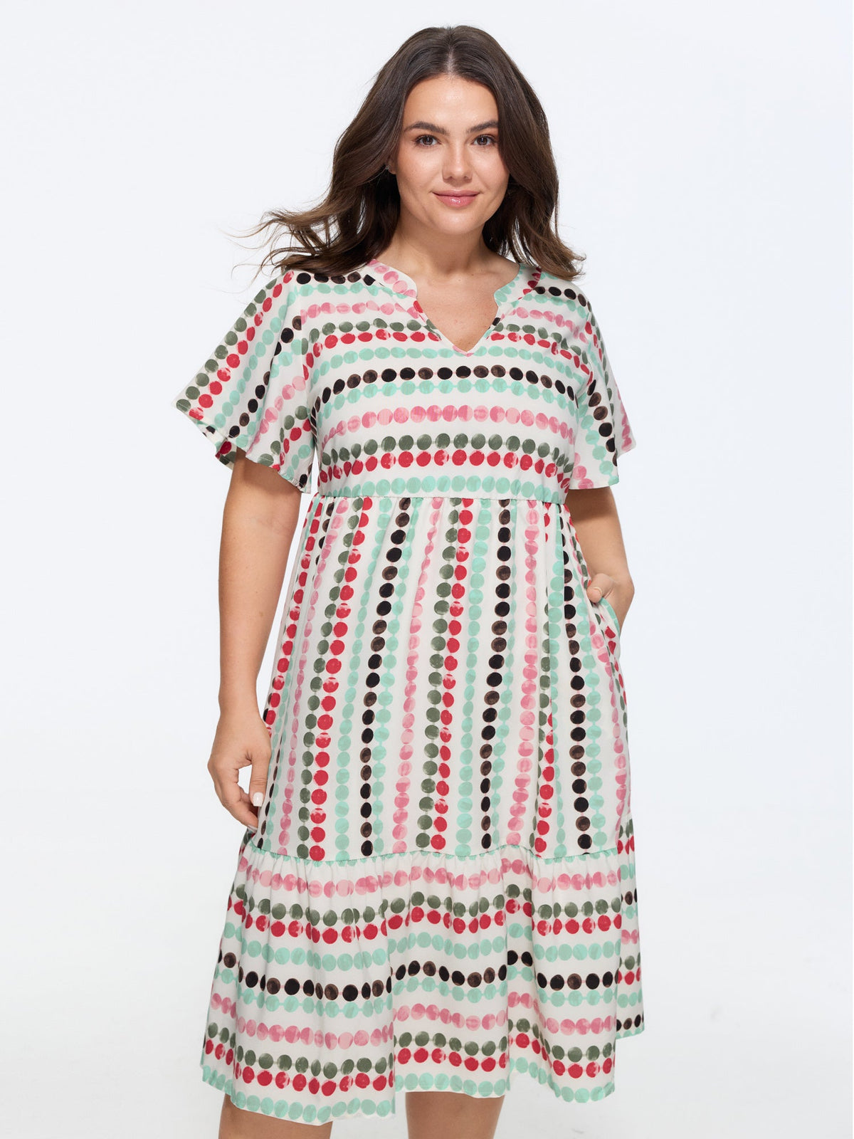 Dot Print Elastic Waist Split Neck Mini Dress