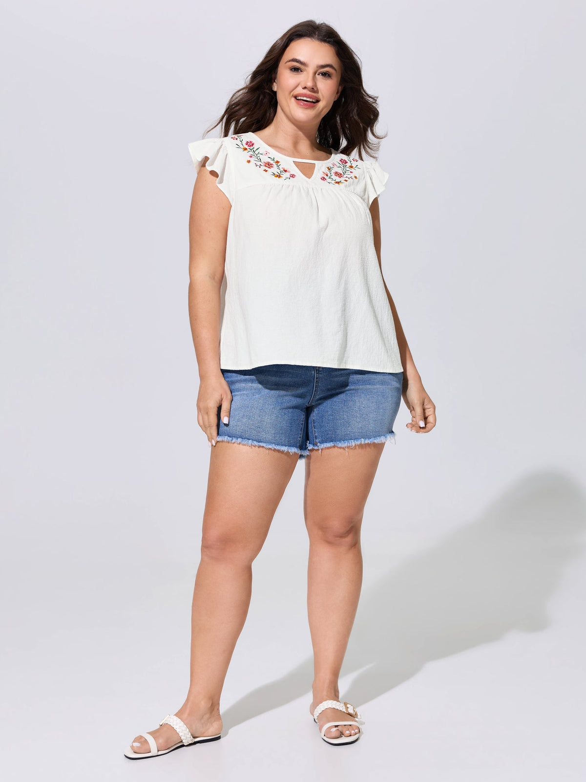 Cotton Floral Embroidered Flutter Sleeve Plain Blouse
