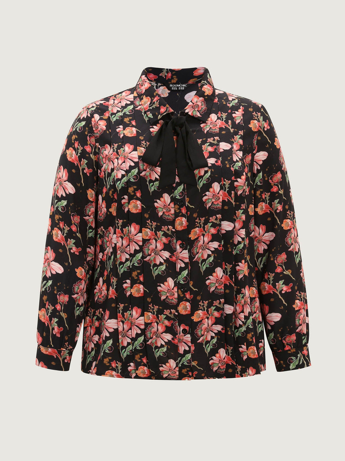 Floral Print Pleated Bow Button-Down Shirt