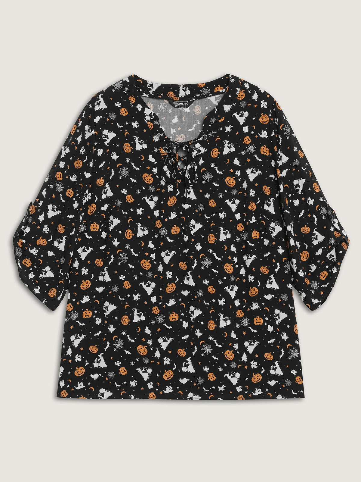 Rayon Halloween Print Neck Tie-Up Blouse