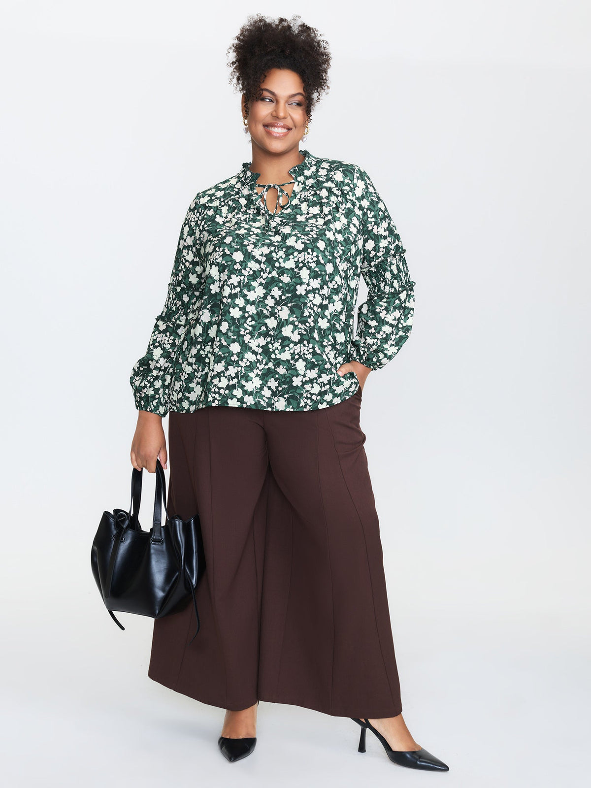 Floral Shirred Sleeve Drawstring Neckline Blouse