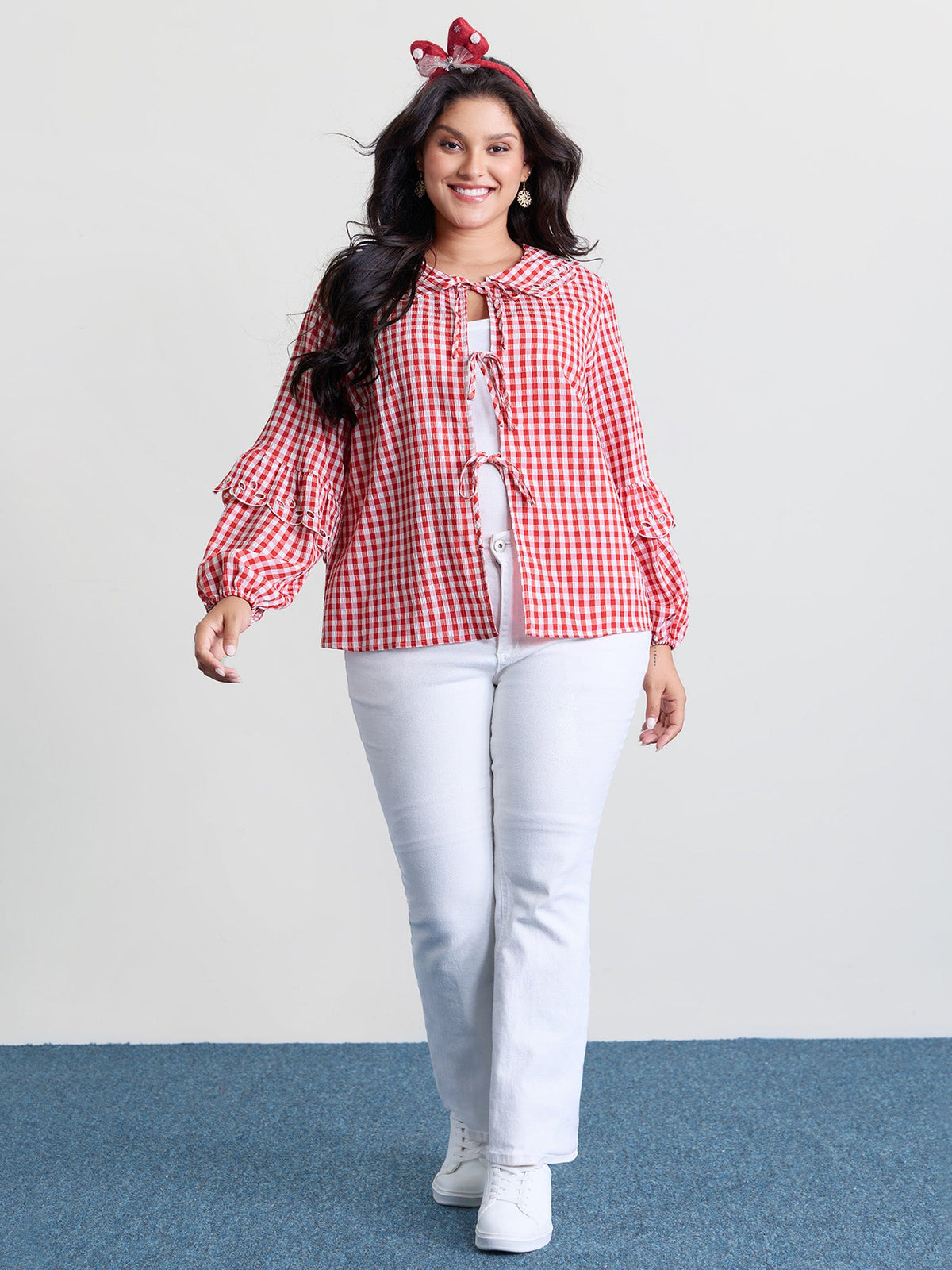 Gingham Embroidered Bow Tie Open-Front Shirt