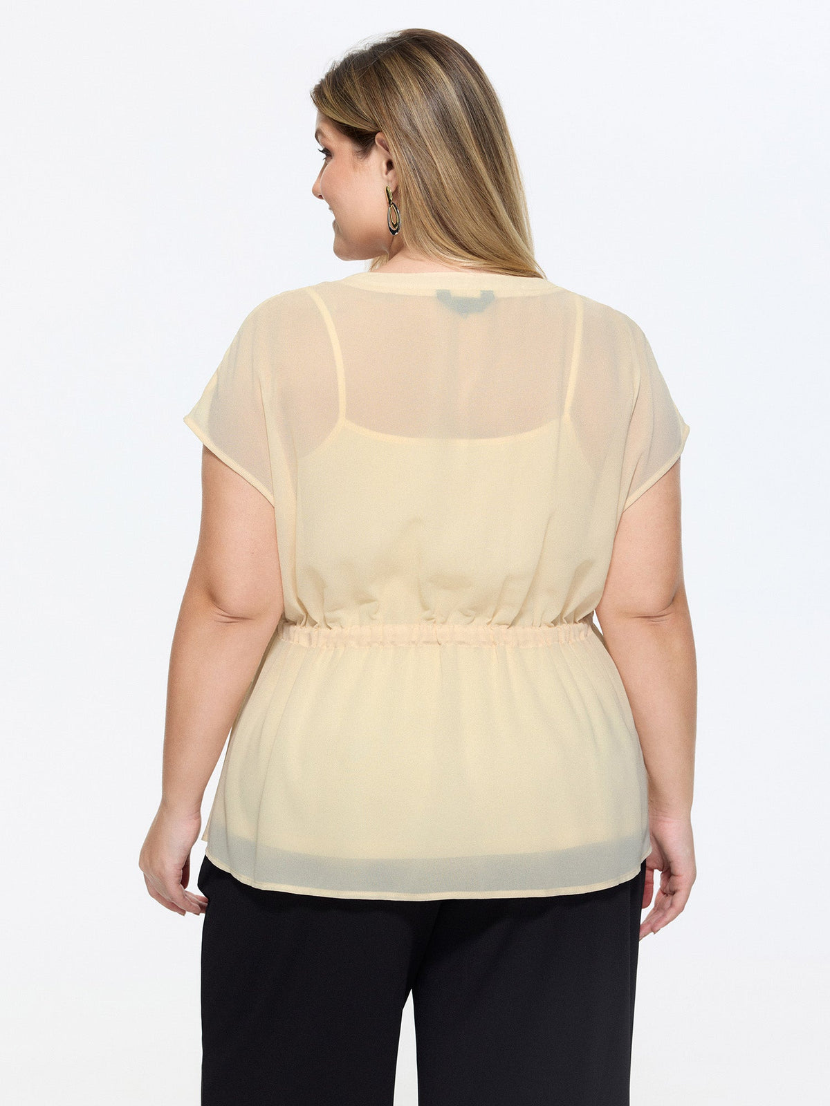 Sheer Drawstring Waist Notched Collar Blouse