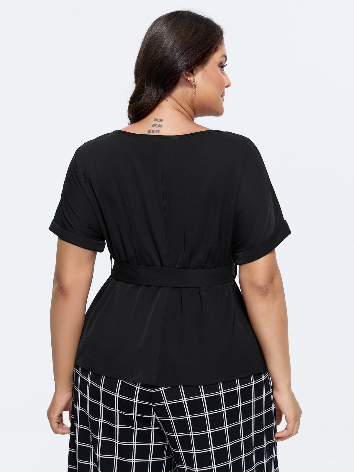 Toothpick Pleated Waist-Tie Plain Blouse