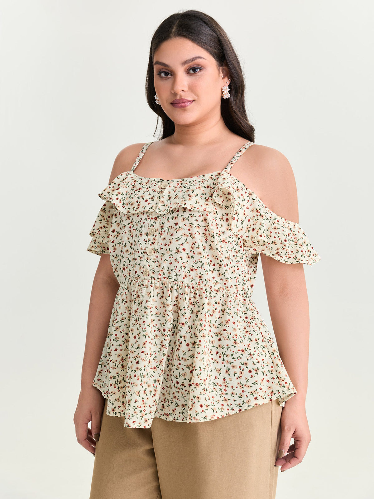Floral Print Ruffled Cold Shoulder Blouse