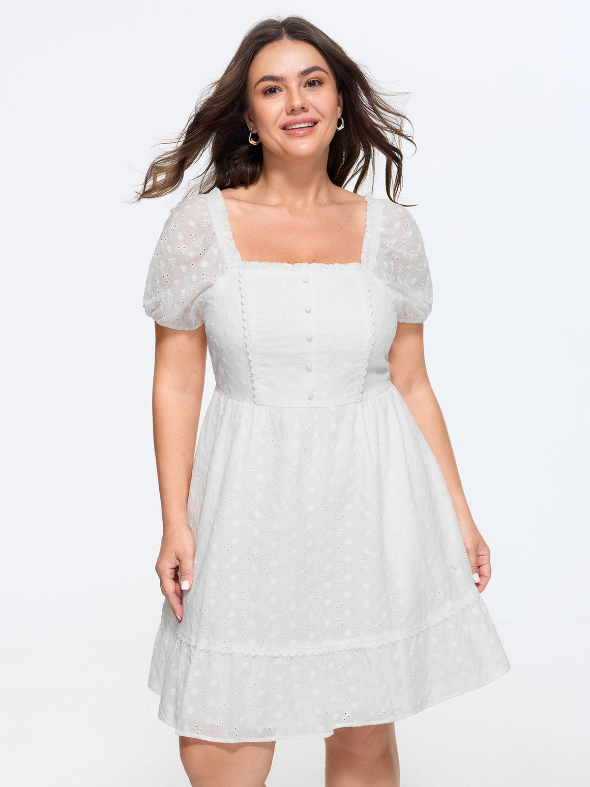 Cotton Lace Textured Ruffled Hem Mini Dress