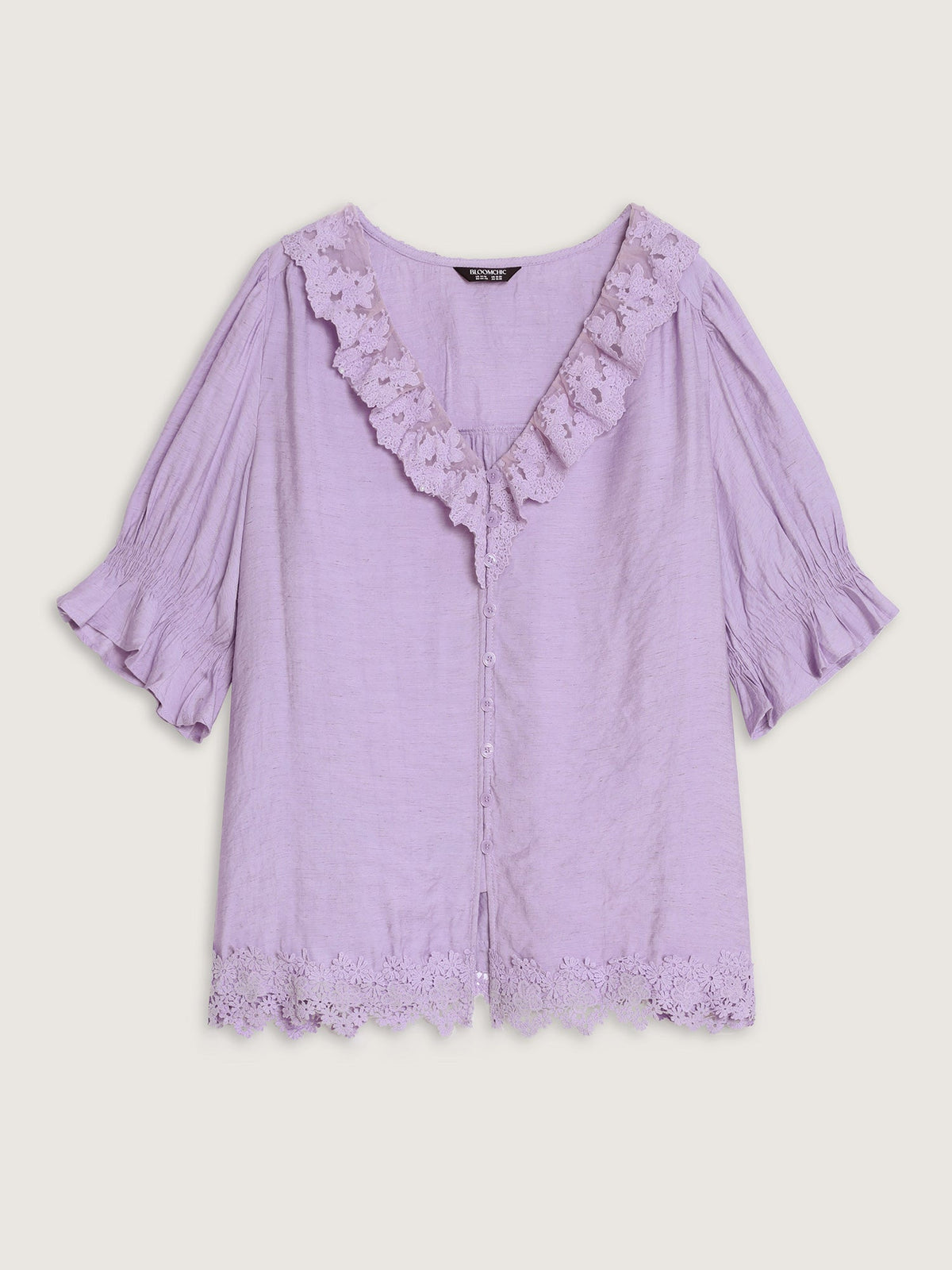 Ruffled Lace Neckline Button-Down Blouse
